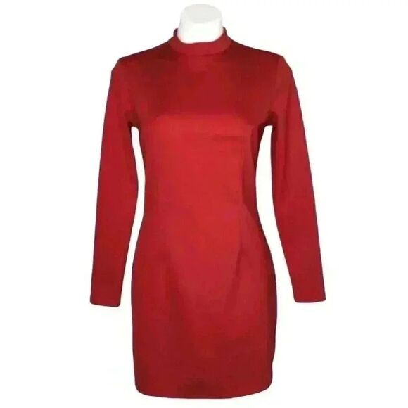 H&M Nikki Minaj Red Poly Scuba Fitted Mock Neck Long Sleeve Dress NEW - Picture 4 of 16